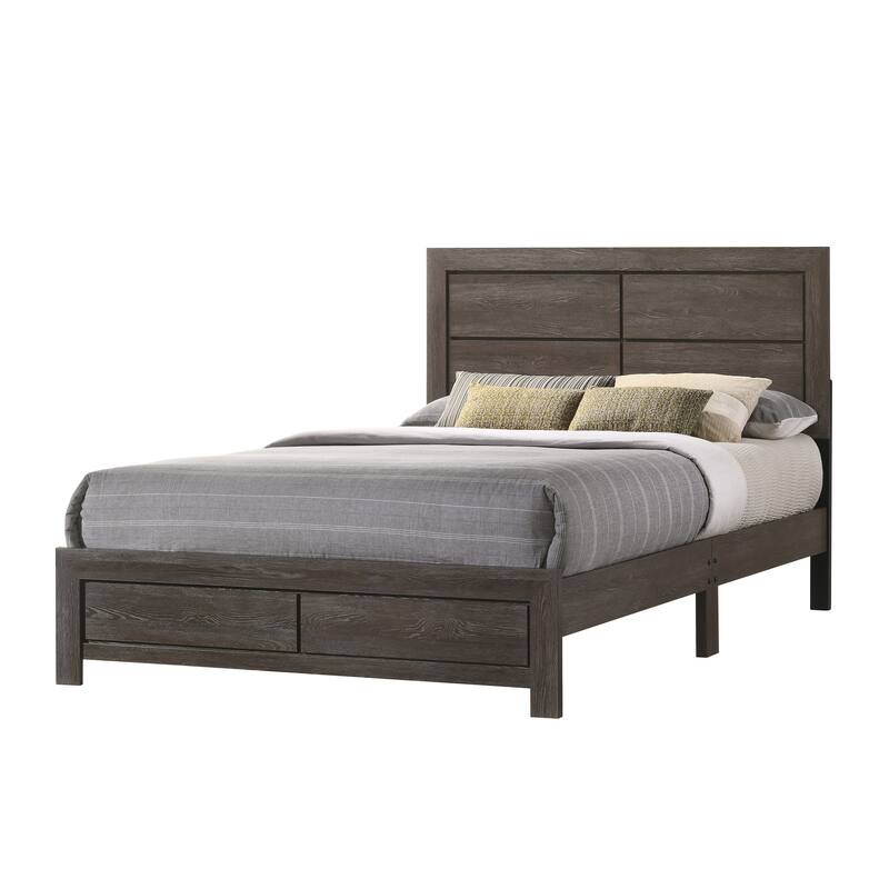 Queen Size Wood Platform Bed with Clean-Lined Headboard and Rustic Wood Grain Finish - Brown,Gray