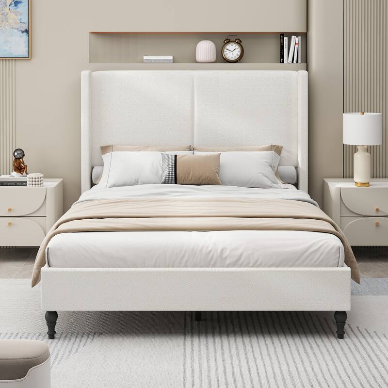 Boucle Upholstered Platform Bed with 55.5" High Wingback Headboard, Slats Support, Solid Wood Feet and Optional King or Queen - White - Queen