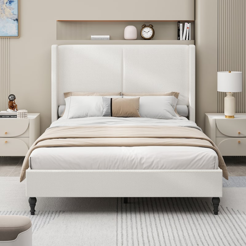 Queen Size Upholstered Bed Frame with High Back Headboard, Boucle Fabric, Solid Wood Legs, No Box Spring Needed
