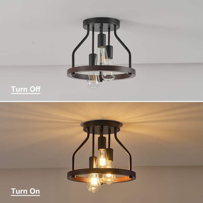 Starsky 3-Light Farmhouse Round Wood Flush Mount Ceiling Light, Industrial Caged Beech Wood Fixture with Black Metal Canopy