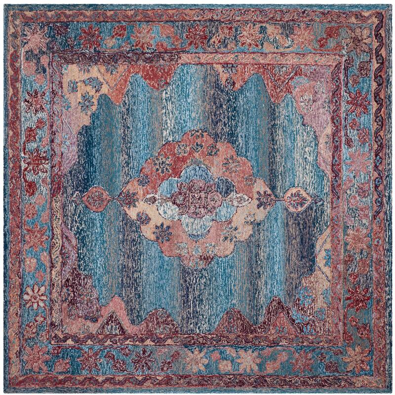 SAFAVIEH Handmade Distressed Tisa Vintage Boho Oushak Oriental Polyester - 6' x 6' Square - Blue - Square/Runner