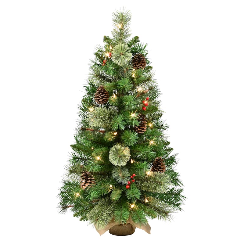 Puleo International 3 ft. Pre-Lit Decorated Artificial Christmas Tree in Burlap Sac