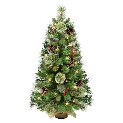 Puleo International 3 ft. Pre-Lit Decorated Artificial Christmas Tree in Burlap Sac