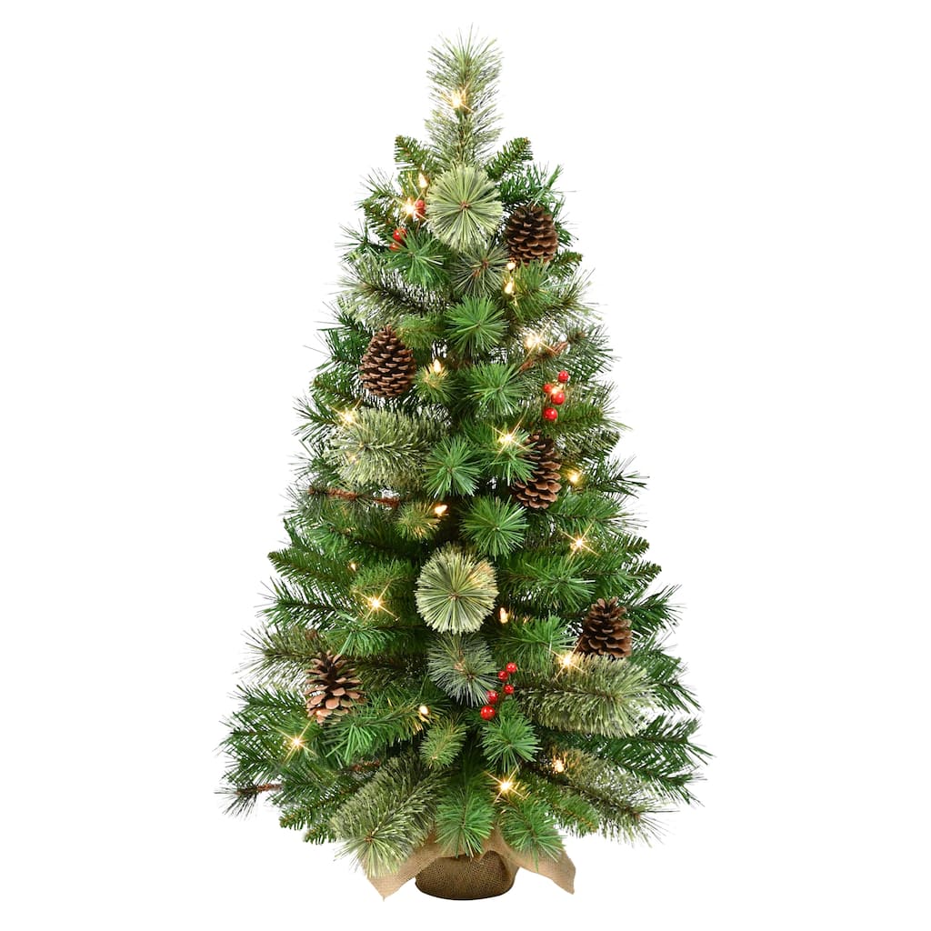 Puleo International 3 ft. Pre-Lit Decorated Artificial Christmas Tree in Burlap Sac