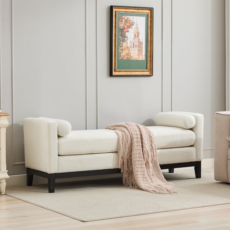 66.34" Fabric Upholstered Bench with 2 Bolster Pillows, Long End of Bed Ottoman with Wood Legs for Bedroom, Entryway