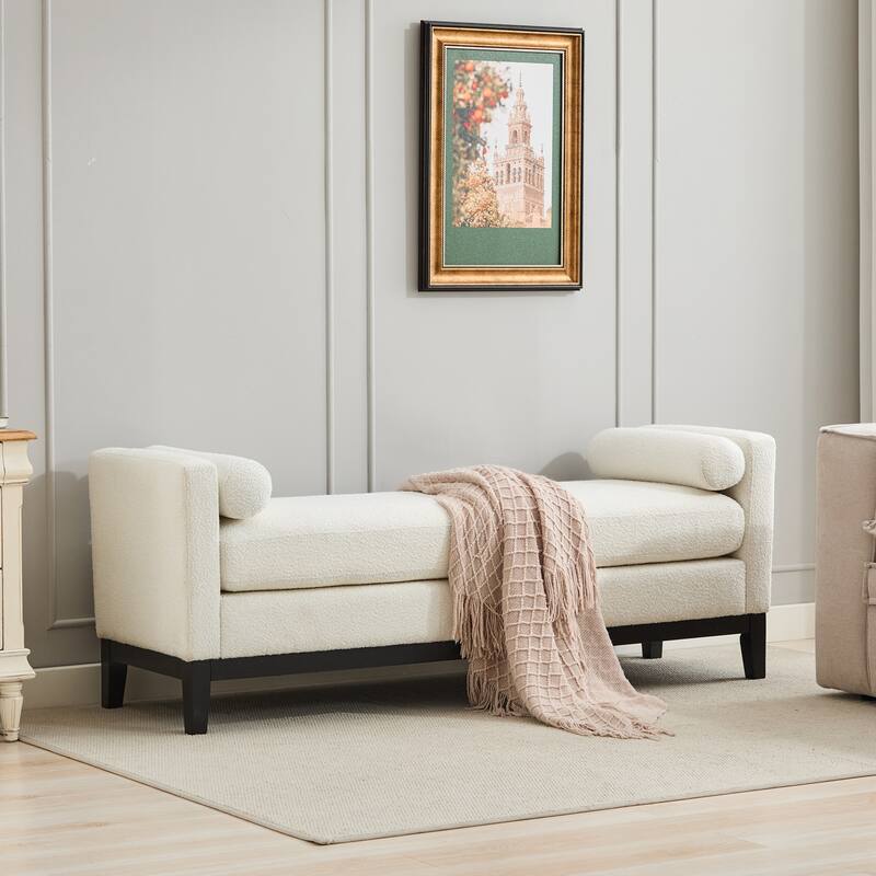 66.34"W Elegant Upholstered Bench, Ottoman with Wood Legs & 2 Bolster Pillows for End of Bed, Bedroom, Living Room, Entryway