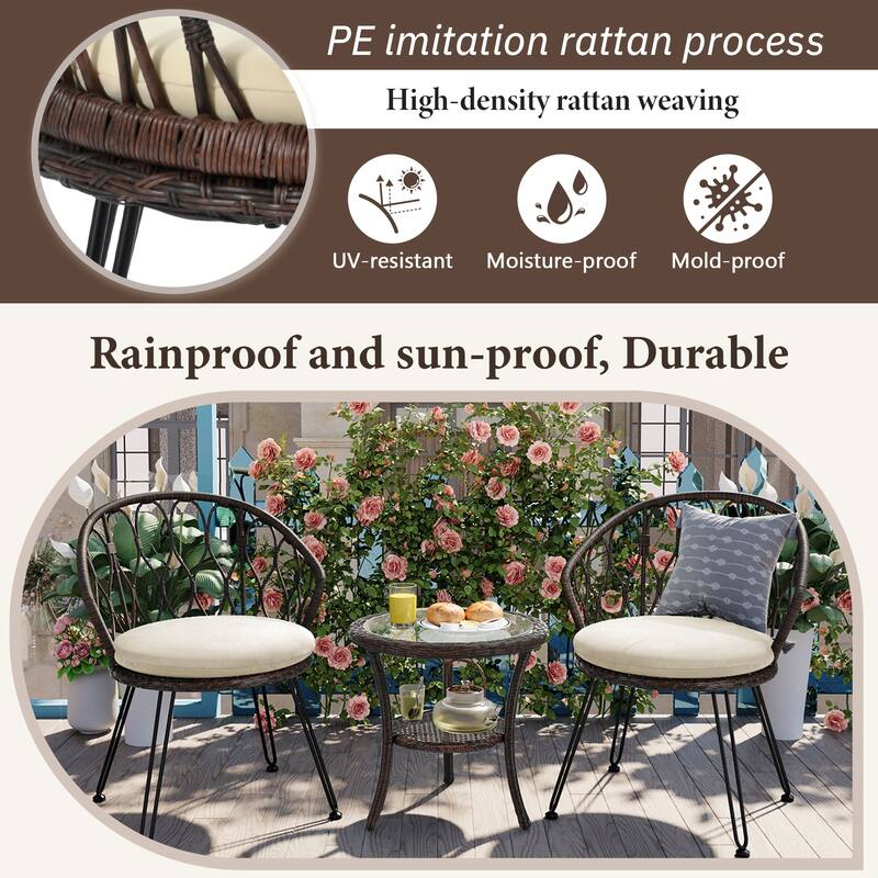 Outdoor Leisure Set,2 Rattan Single Chairs With A Glass Round Table,Perfectly Suited For Patios,Balconies,And Courtyards