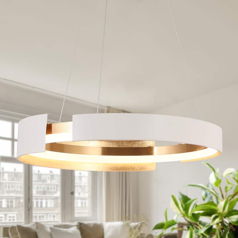 Modern 1-Light Black Gold LED Chandelier Round Metal Pendant Lights for Dining Room - White