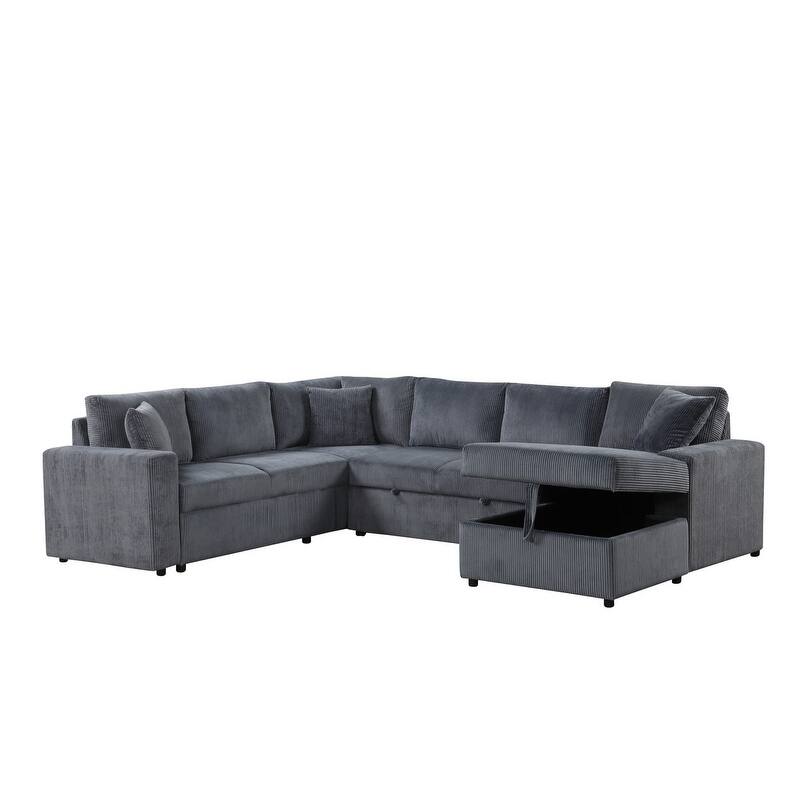 Ruxley 123"W Corduroy Sleeper Sectional Sofa with Right-Facing Storage Chaise and Throw Pillows