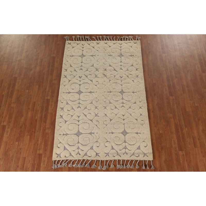 Beige Moroccan Style Area Rug Hand-Knotted Wool Carpet - 5'1"x 8'2"