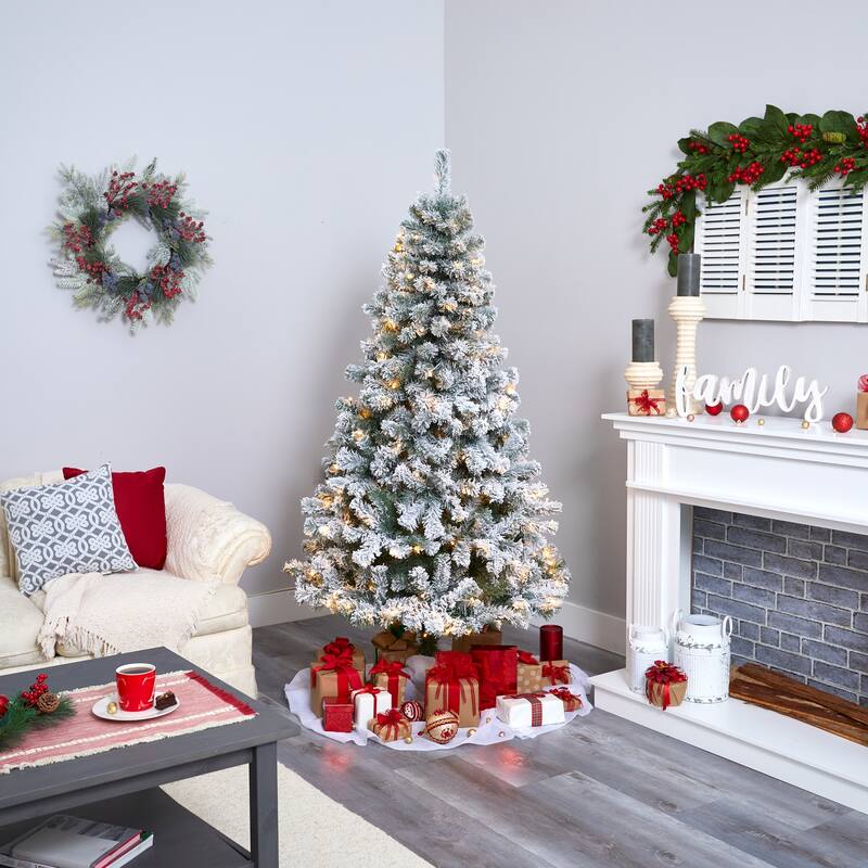 6ft Pre-Lit Artificial Christmas Tree - Flocked Frosted Fir with Stand & 250 Lights - Green - 72