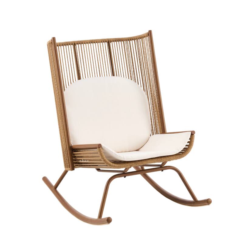 Christopher Knight Home - Modern Outdoor Metal Frame Woven High Arc Backrest Rocking Chair and Solid Acacia Wood Side Table Set