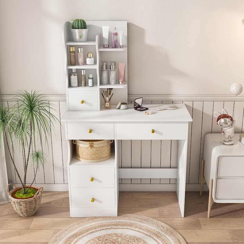 White dressing table, mirror and LED light, 5-drawer dressing table, movable and hidden mirror, 3-color mode touch screen