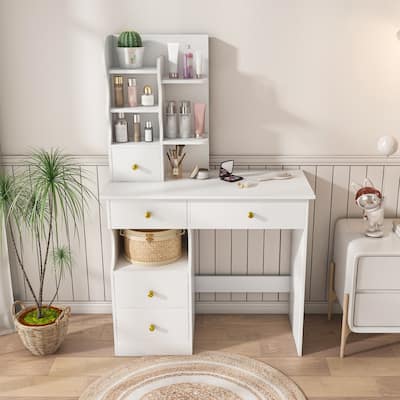 White dressing table, mirror and LED light, 5-drawer dressing table, movable and hidden mirror