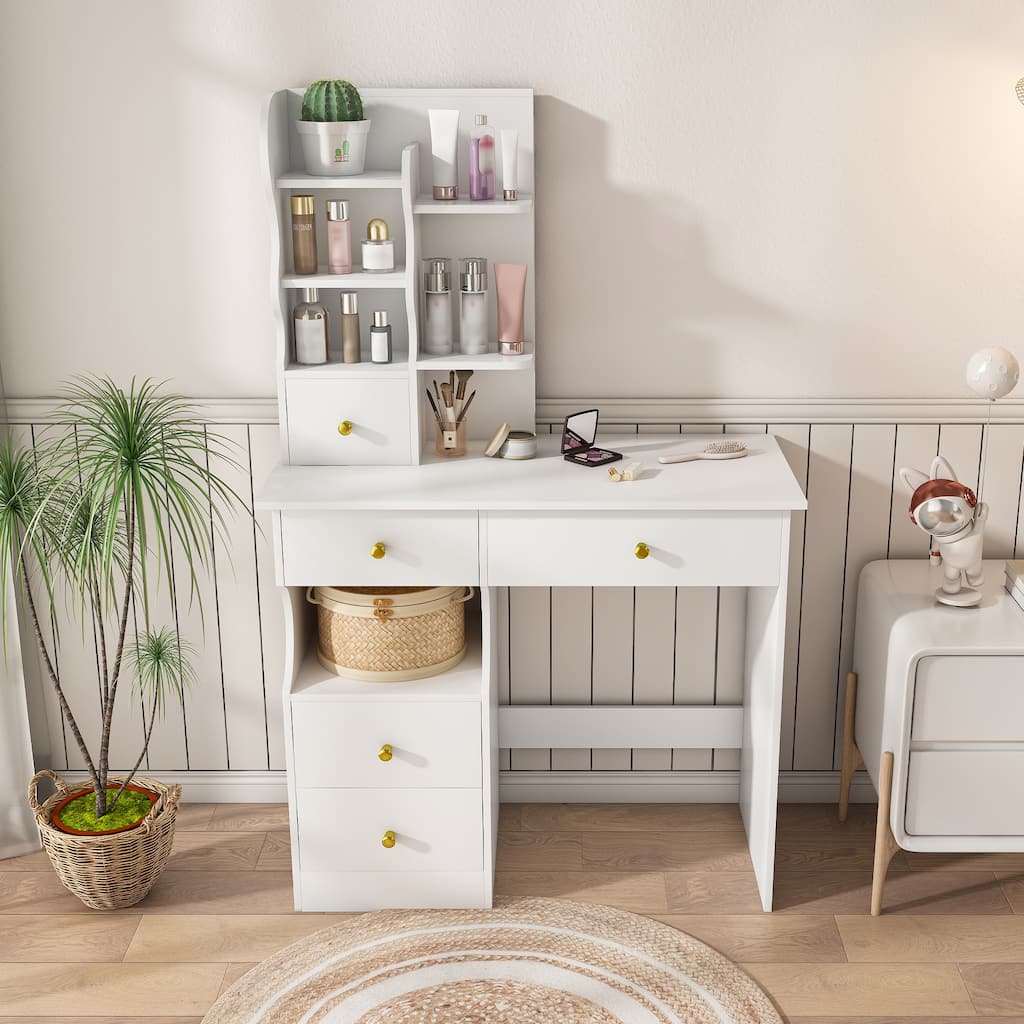 White dressing table, mirror and LED light, 5-drawer dressing table, movable and hidden mirror