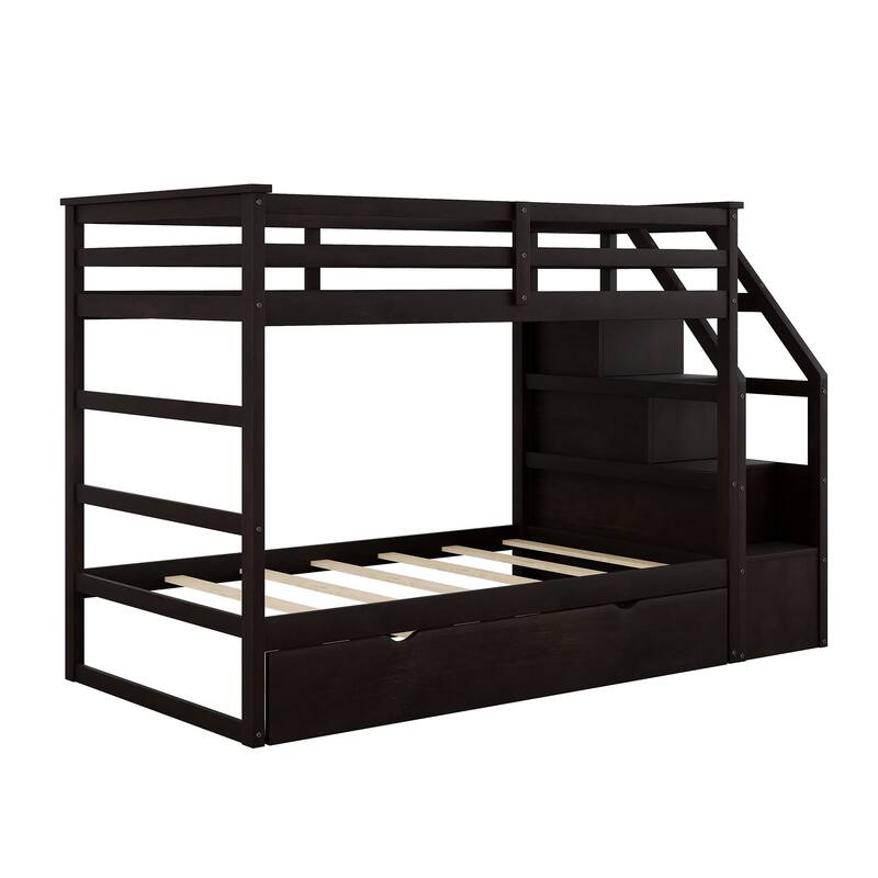 Kids Twin Ove Twin Bunk Bed with Pull-Out Trundle and 3 Storage Stairs, Safety Guardrails and Armrest
