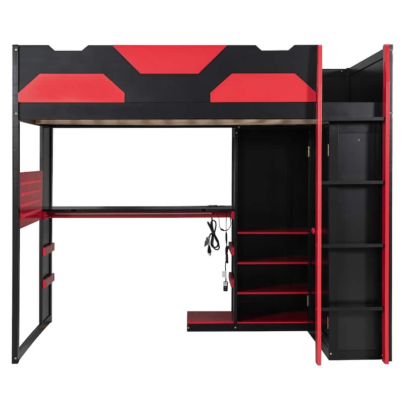 Full Size Wood Loft Bed with Desk - Multi-Storage Shelves, USB & RGB Light, Study Loft Bed