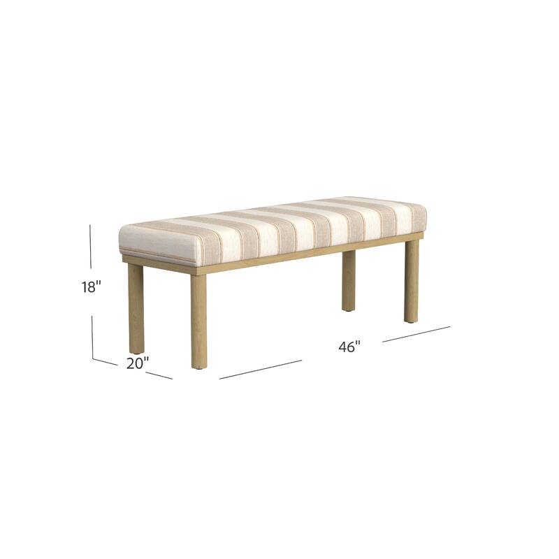 Fin Bench, Natural Brown Wood, Striped Tan Cream Polyester 48 Inch