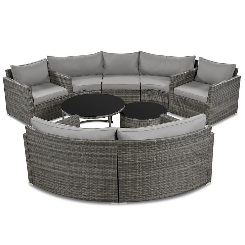 9-Piece Curved Outdoor Wicker Sectional Sofa Set with Overlapping Coffee Tables, Cushions, Modular Half-Moon Design
