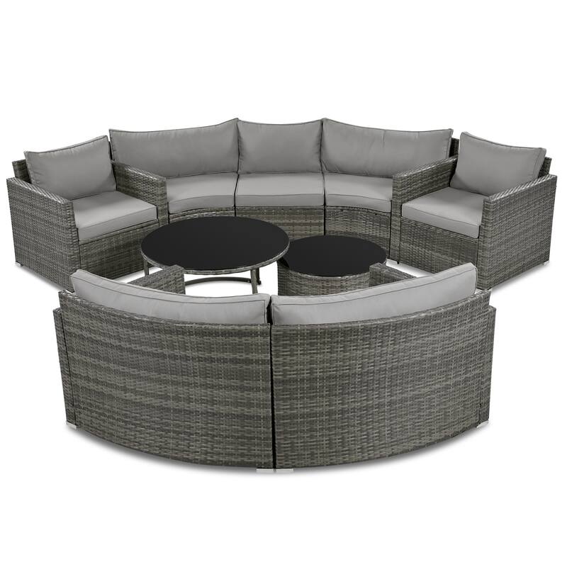 9 Piece Half-Moon Outdoor Sofa Set, All-Weather Rattan Conversation Furniture Set, Round Sofa Set with Coffee Table