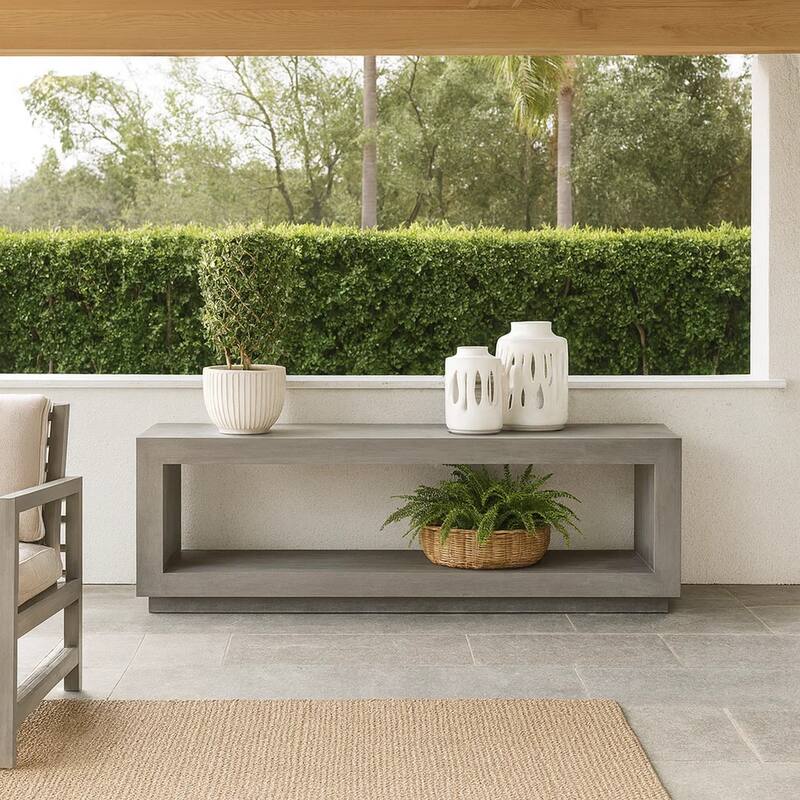 Jose 60 Inch Acacia Wood Bench, Open Floating Plinth Base, Weathered Grey