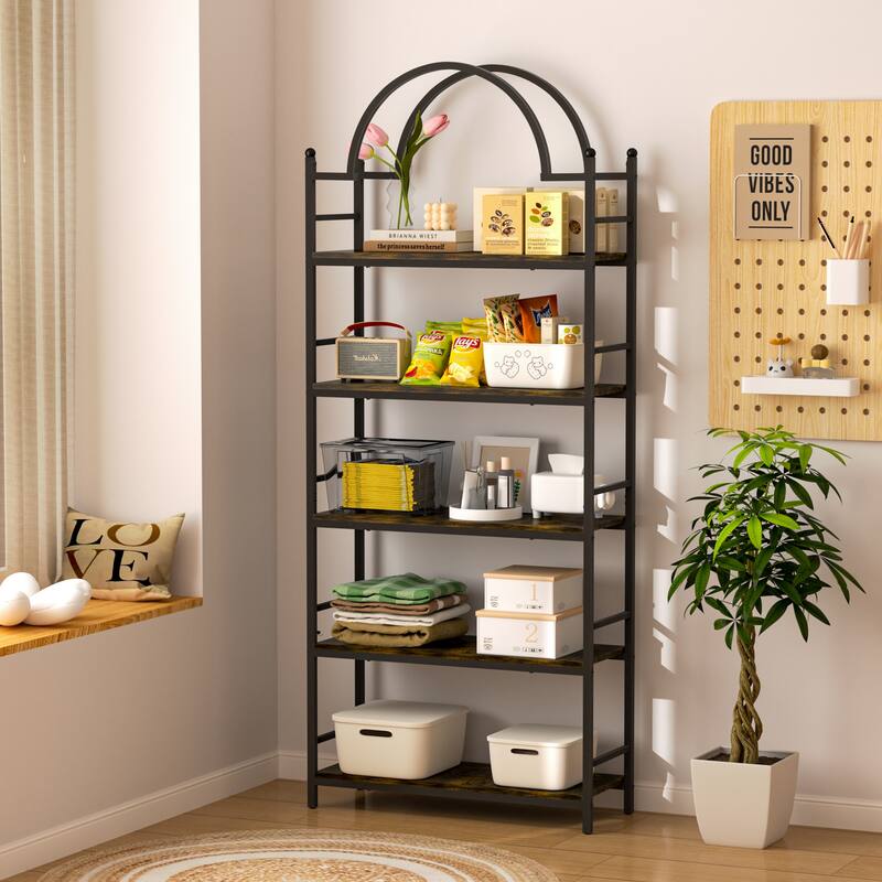 5-tier Bookcase Stand Metal Wood Structure - 30 in. W X 10 in. D X 77 in. H