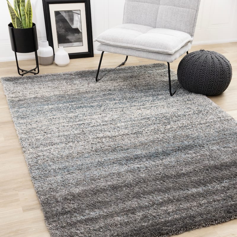 Grey Teal Blue Soft Shag Area Rug, 3'11" x 5'7"