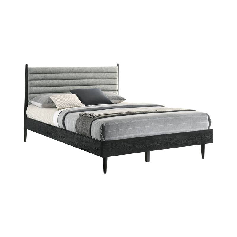 Artemio Black or Walnut Wood Queen Platform Bed Frame with Grey Upholstered Headboard
