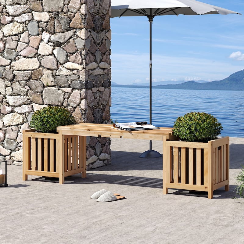 Natural Fir Wood Outdoor Bench with Planters 2-in-1 Patio Seating - 68" x 16" x 19"