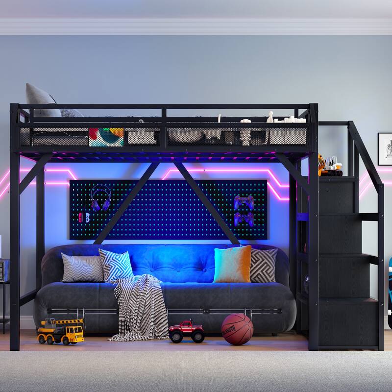 Queen Loft Bed with Storage Stairs, Shelves and Built-in Wardrobe, Metal Loft Bed Frame with USB Ports and LED Lights