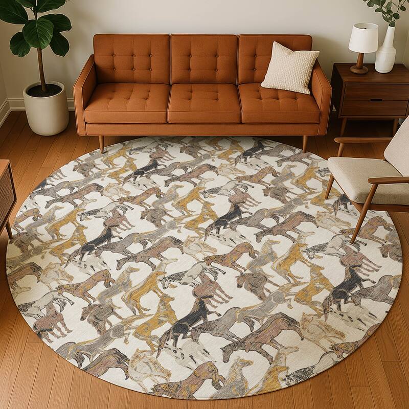 Machine Washable Indoor/ Outdoor Horse Herd Chantille Rug