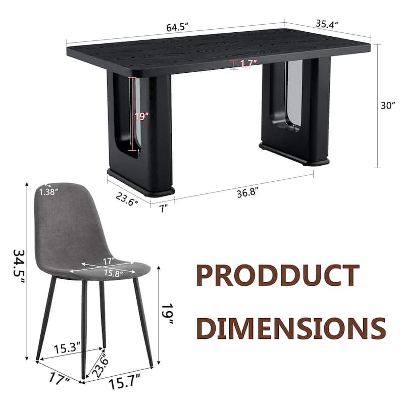 5-Piece 64.5" Black Wood Dining Table Set with Glass-Inlay Legs and 4 Linen-Cotton Chairs, Modern Dining Room Furniture
