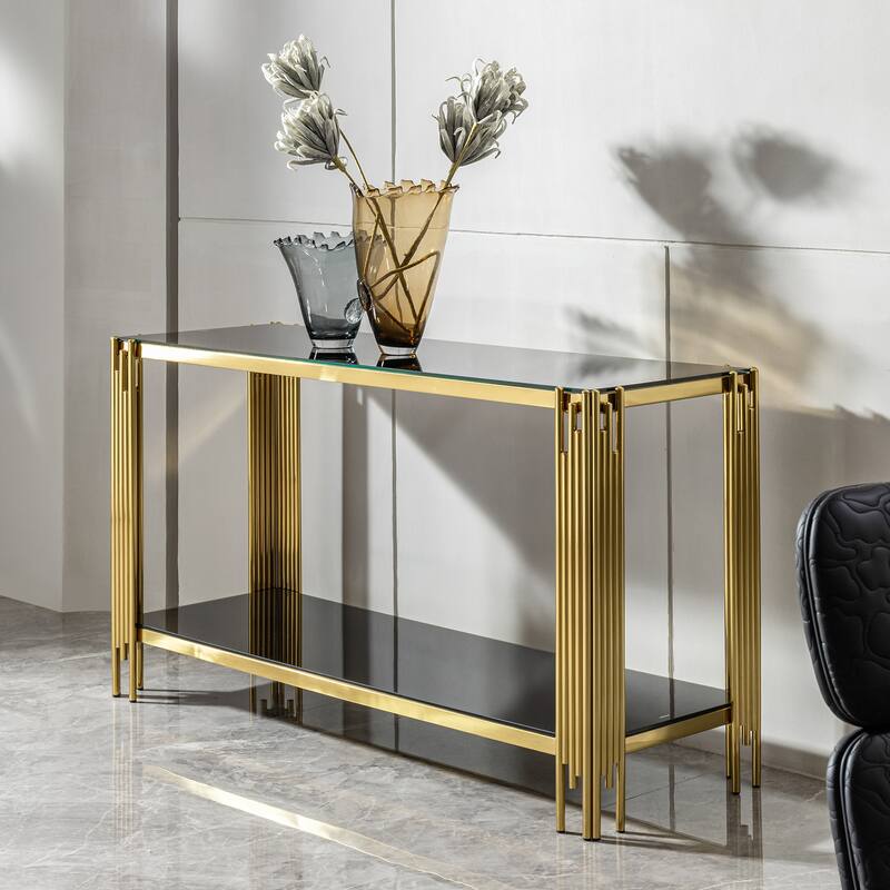 55.12" Glass Console Table with Irregular Gold Frame - Black+Gold