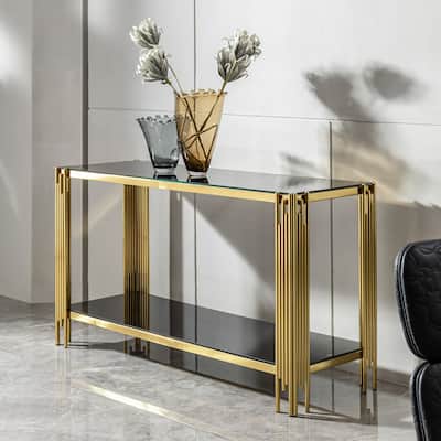 55.12" Glass Console Table with Irregular Gold Frame