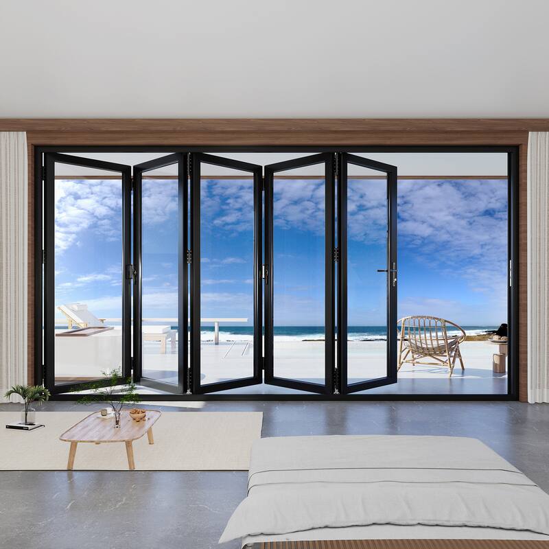 KaMic 168"×96" 5 Panels Aluminum Folding Door In Black,Folded Out From Left To Right Model #:FD5PBK16896-LR
