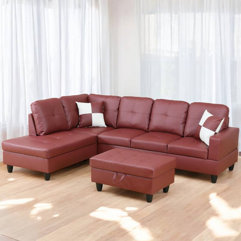 KISRAIS 103" Wide 3-Piece Vegan Leather Sectional Sofa Set - 103.5"W*74.5"D*35"H - Red - Left Facing