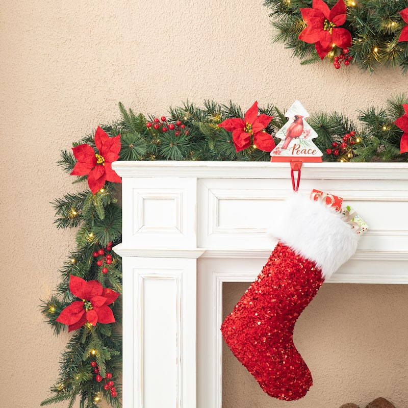 Glitzhome 9ft Pre-Lit Greenery Pine Berries Christmas Garland with Timer