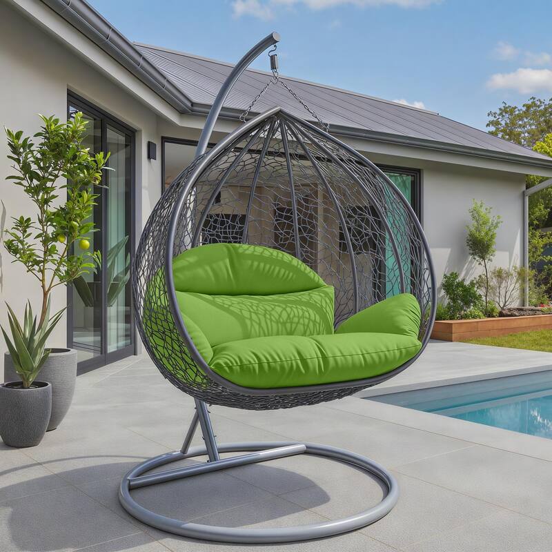 2-Person Egg Swing Chair with Grey Stainless Steel Frame, Cushioned 2-Seater Porch Swing for Outdoor and Indoor Use
