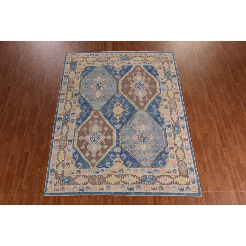 Hand Knotted Oriental 100% Wool Carpet Transitional Geometric Navy Blue & Blues Oushak Area Rug - 10' 9'' X 8' 4''