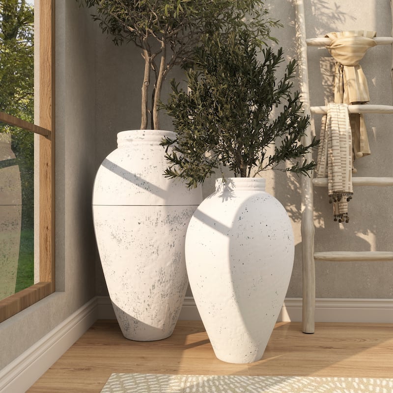 Metal Tall Distressed Pot Floor Vase - Set of 2 White - Roche River Decor