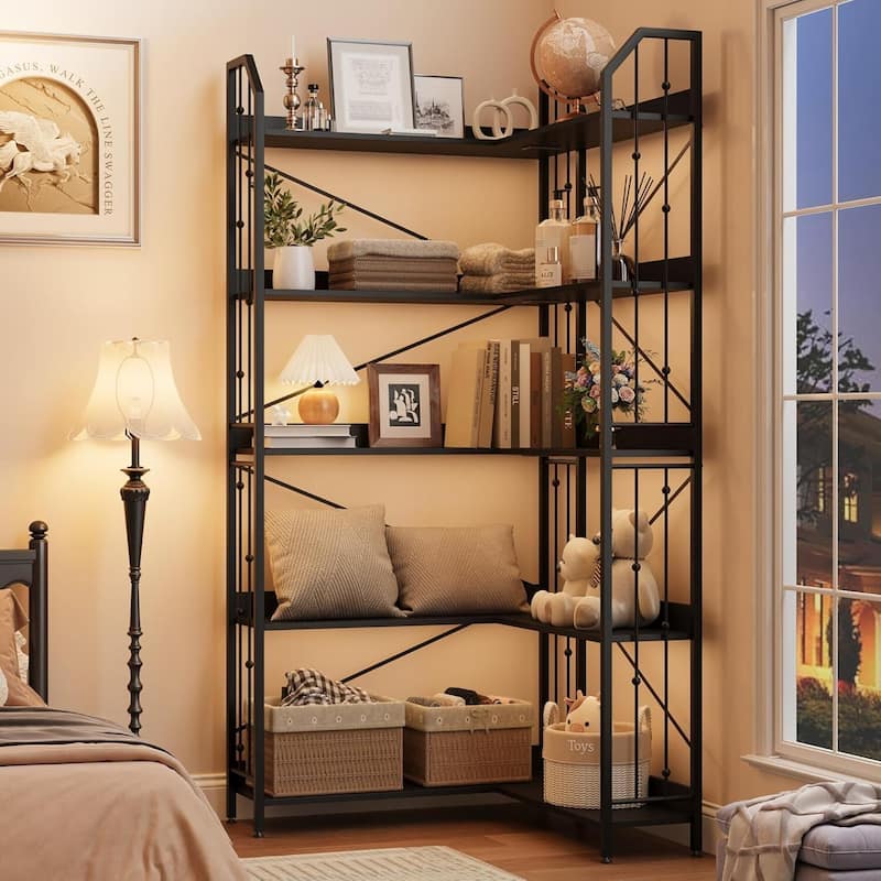72" 5 Tier Industrial Corner Bookshelf, L-Shaped Bookcase - N/A