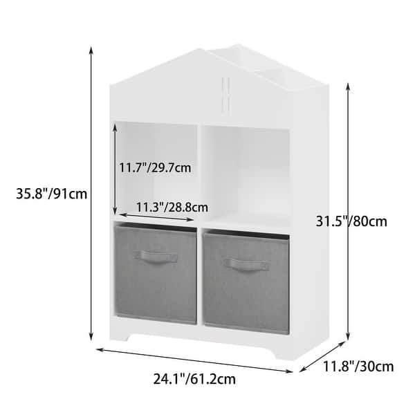 dimension image slide 1 of 2, 2-Tier Storage Display Kids Dollhouse Bookcase with Storage, Bookshelf with 2 Collapsible Fabric Drawers for Bedroom or Playroom