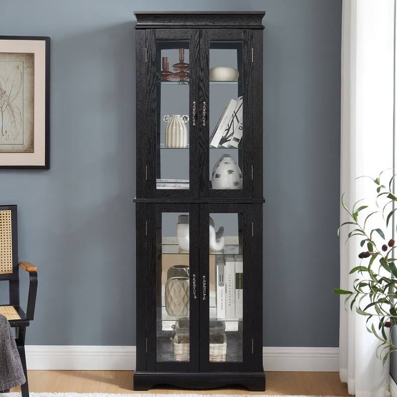 Lighted Glass Curio Display Cabinet,Display Cabinet,Glass Storage Cabinet Glass Wine cabinet Wood Frame Toy Display - Black