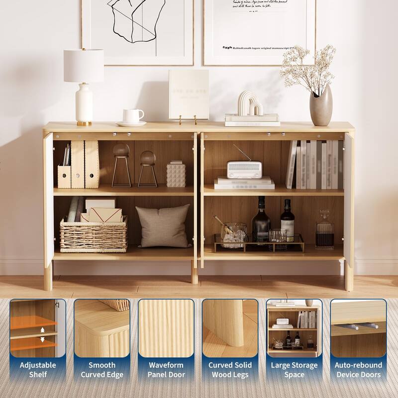 Buffet Cabinet with Storage, 58" Fluted Sideboard Cabinets with 4 Doors & Adjustable Shelves, Wood Buffet Table Natural
