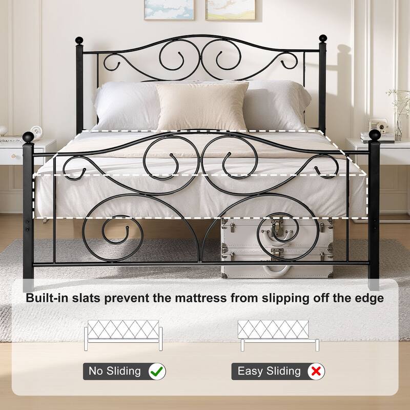 Javlergo Metal Bed Frame with Arched Roman Column Headboard and Footboard Heavy Duty Steel Slat Support No Box Spring Needed