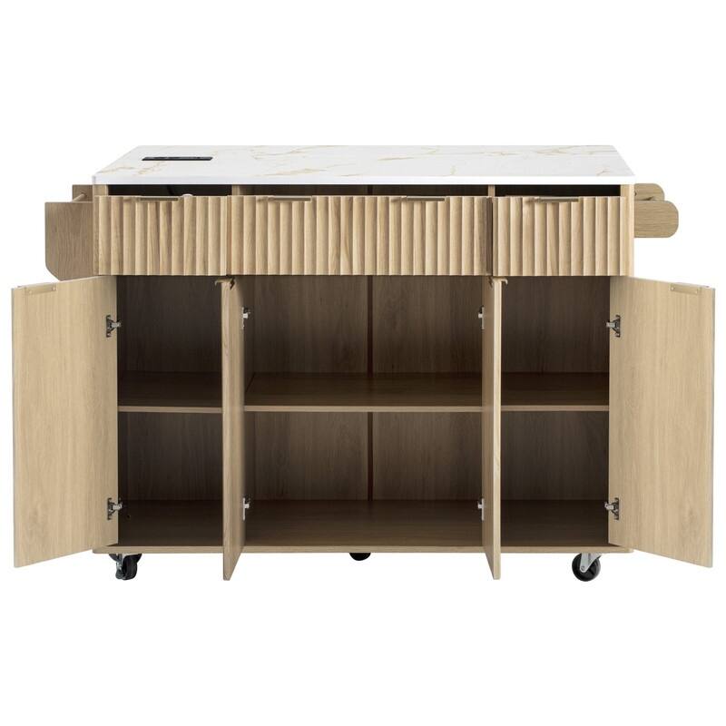 Fluted 55.5" Kitchen Island with Drop Leaf, Rolling Island Table with Drawers, Power Outlet for Functional Kitchen Organization