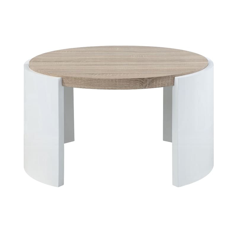 Romani Coffee Table, White High Gloss Wood, Brown Top, Round 33 Inch