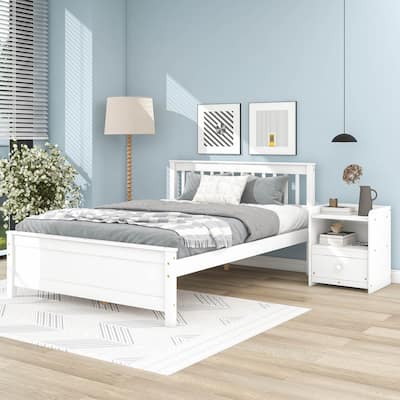 Platform Pine Wooden Bed with Headboard and Footboard for Kids or Bedroom