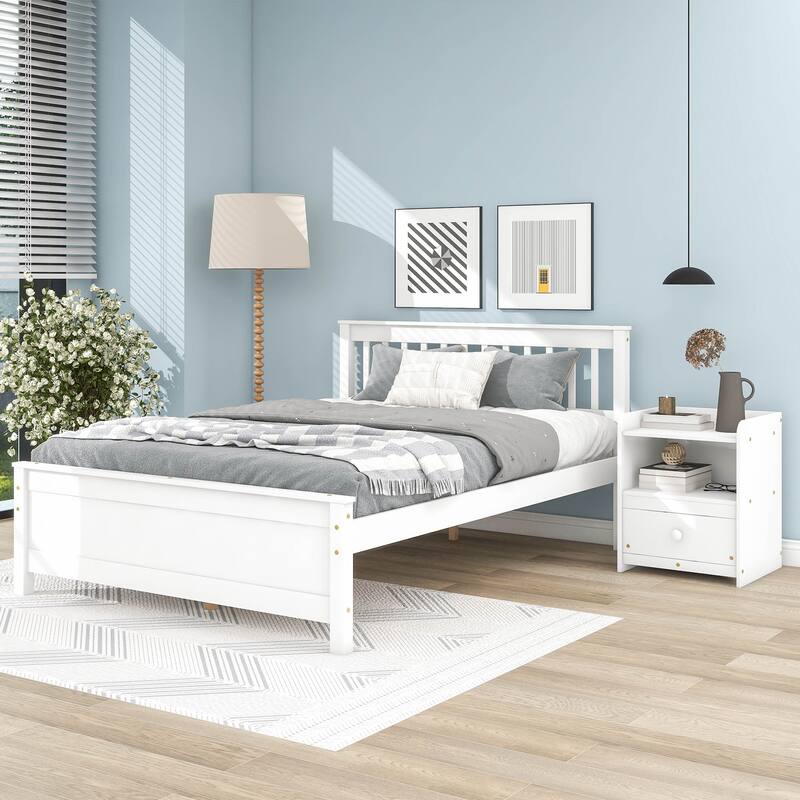 Twin Size Wooden Platform Bed with Headboard and Footboard