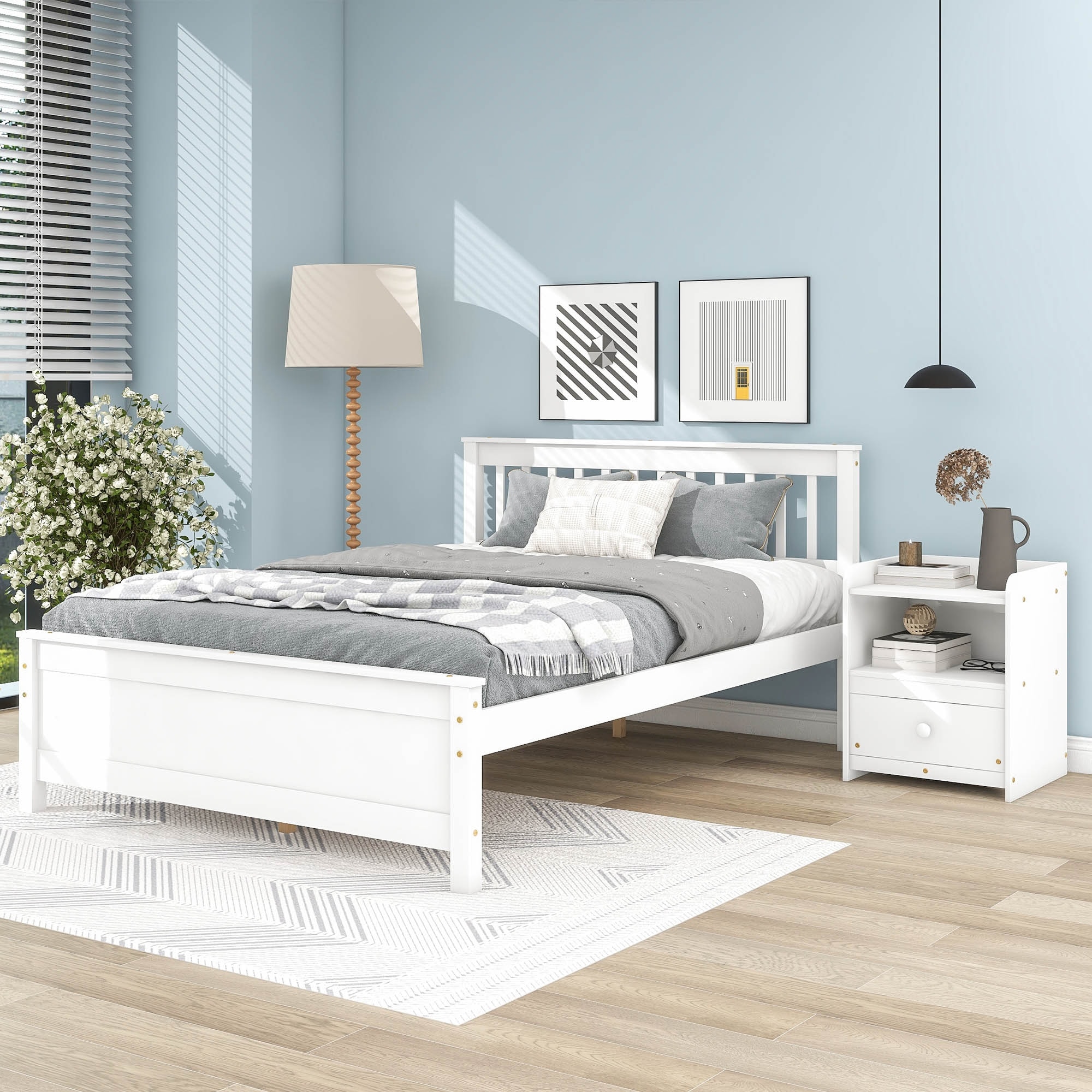 White Pine Wood Full Bed with Slatted Headboard and Footboard - No Box Spring Required, Includes Nightstand